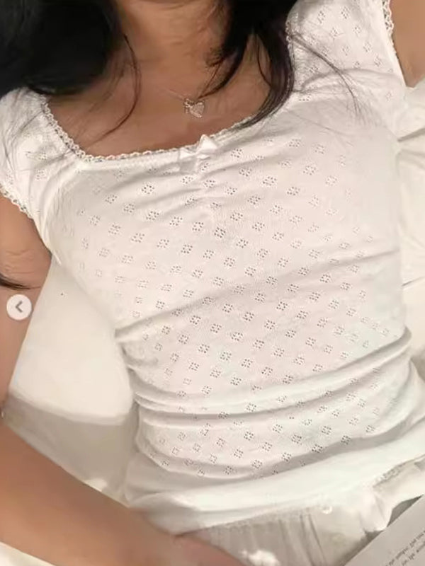White Basic Square Neck Ruffle Short Sleeve Tee