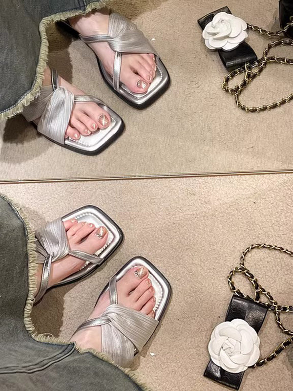 Pleated Split-Joint Square-Toe Slippers Sandals