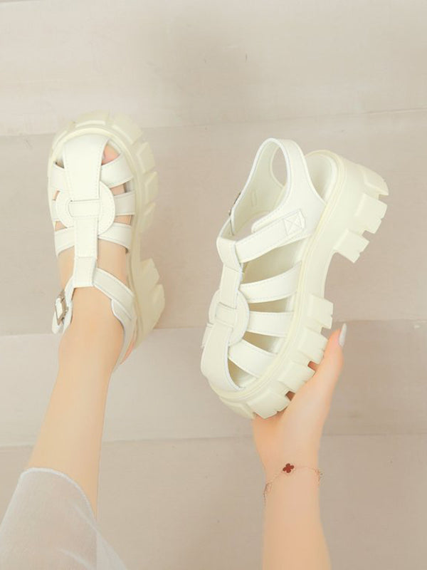 Belt Buckle Hollow Round-Toe Split-Joint Sandals Platform Shoes Gladiators