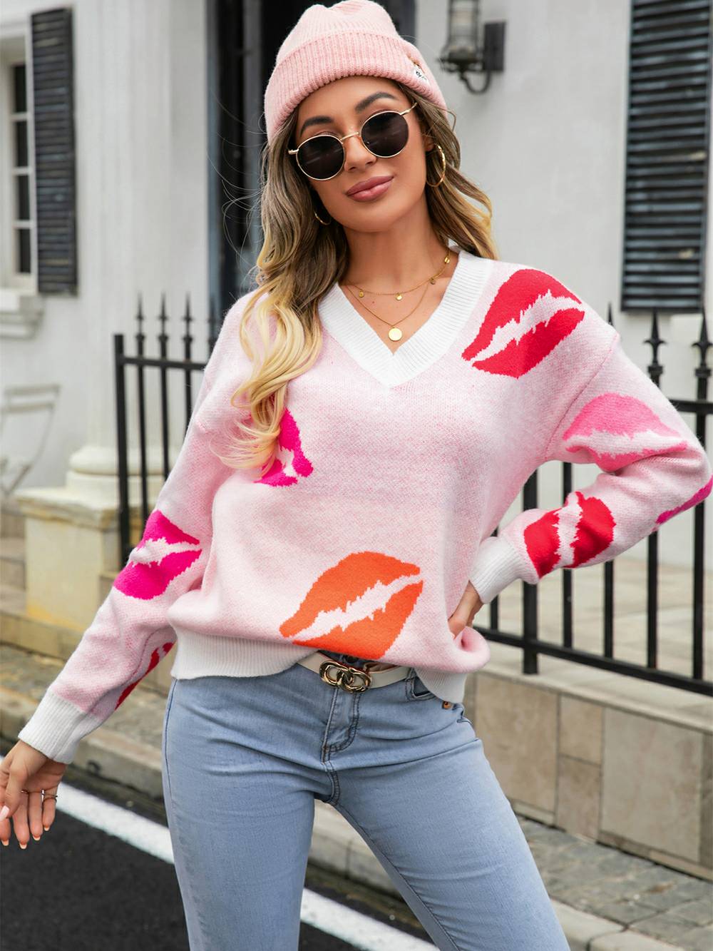 Lips of Love V-Neck Knit Pullover Sweater