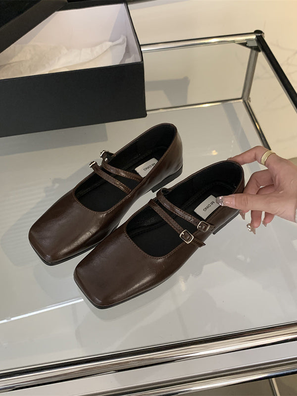 Belt Buckle Shallow Cut Split-Joint Square-Toe Mary Janes Flats
