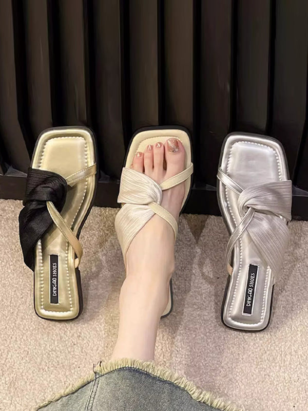 Pleated Split-Joint Square-Toe Slippers Sandals