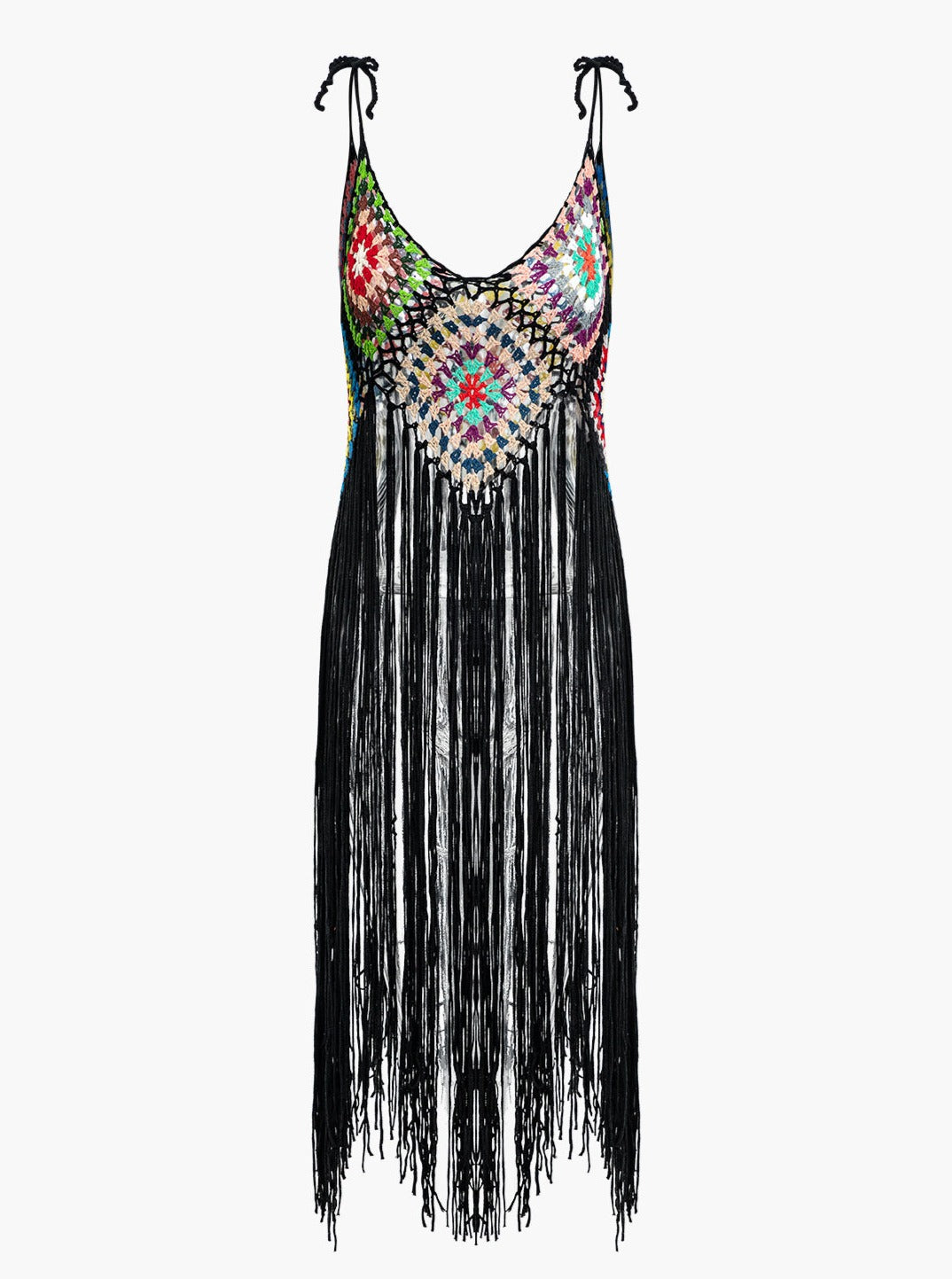 Rainbow Square Pattern Fringe Crochet Knit Cami Top