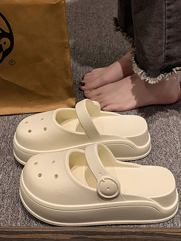 Hollow Round-Toe Solid Color Slippers Sandals