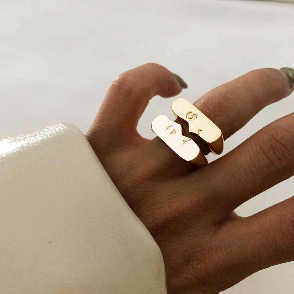 Abstract Face Pair Minimalist Ring Set - Silver or Gold