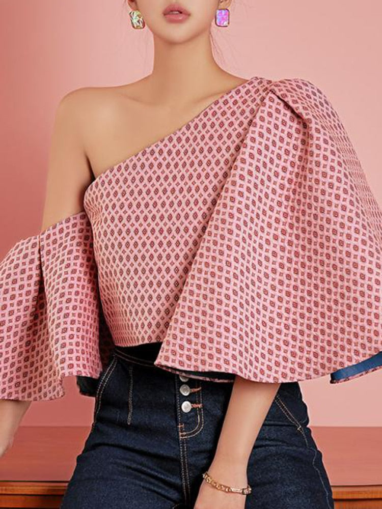 Angie Butterfly Sleeve One Shoulder Jacquard Tops - 2 Colors