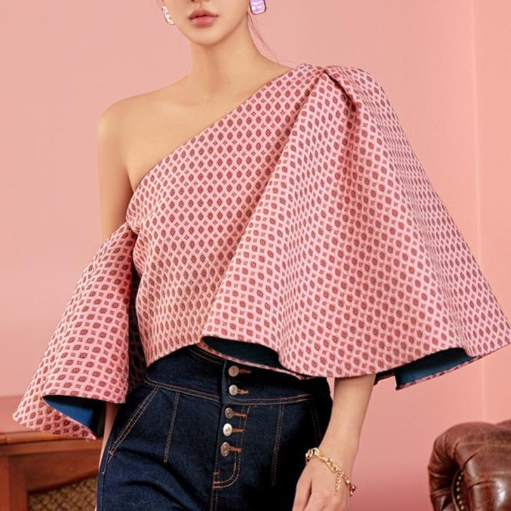 Angie Butterfly Sleeve One Shoulder Jacquard Tops - 2 Colors