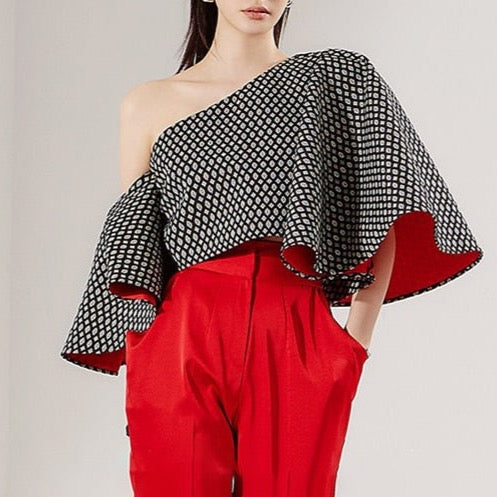 Angie Butterfly Sleeve One Shoulder Jacquard Tops - 2 Colors