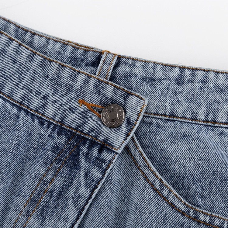 Asymmetric Side Button Fly Maxi Denim Skirt