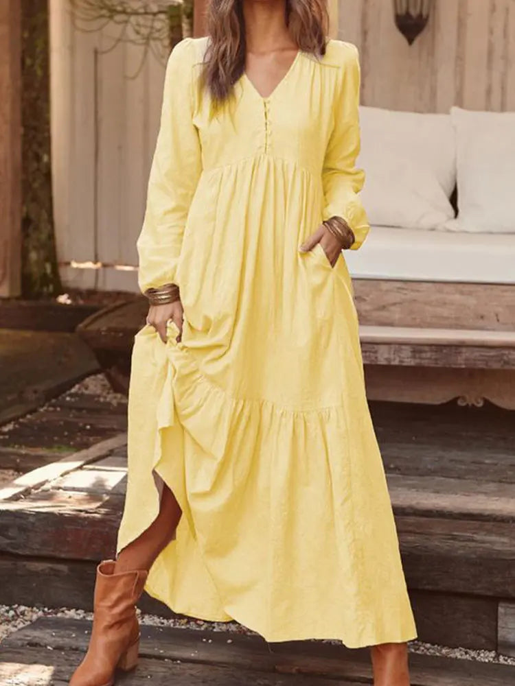Retro Solid Color Maxi Cotton Boho Dress for Women