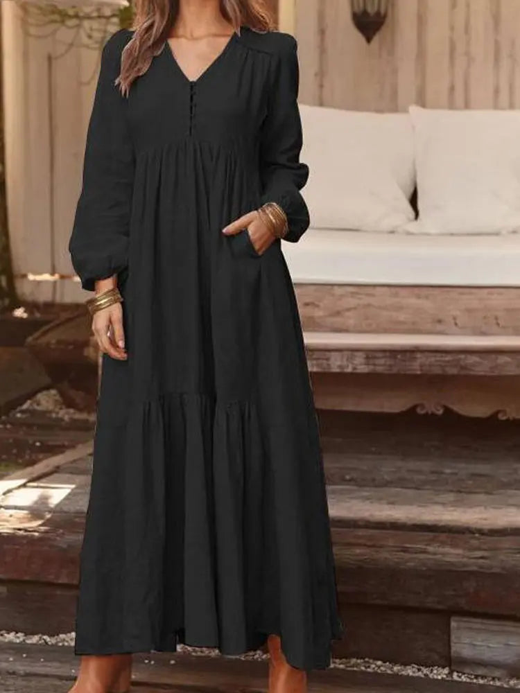 Retro Solid Color Maxi Cotton Boho Dress for Women
