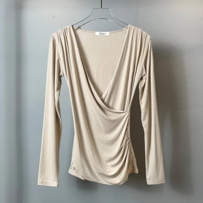 Solid Slim Waist V-Neck Long Sleeve Women's Tee