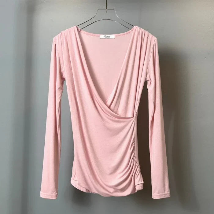 Solid Slim Waist V-Neck Long Sleeve Women's Tee