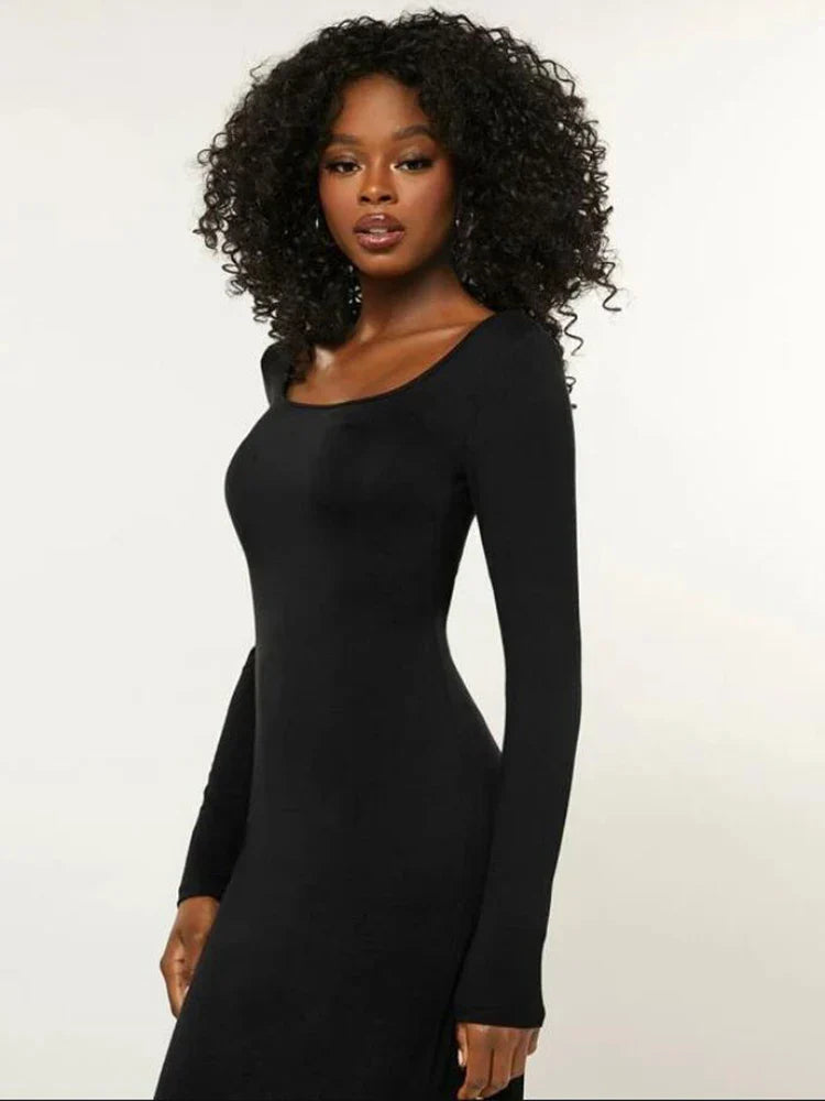 Basics Solid Long Sleeve Bodycon Maxi Midi Dresses