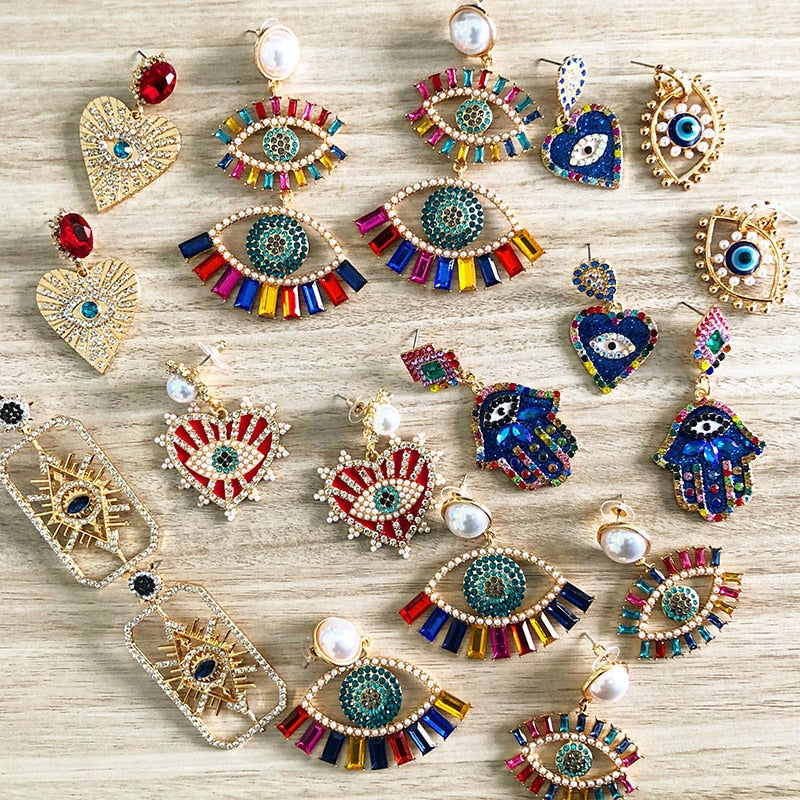 Bejeweled Love Heart Evil Eye Drop Earrings