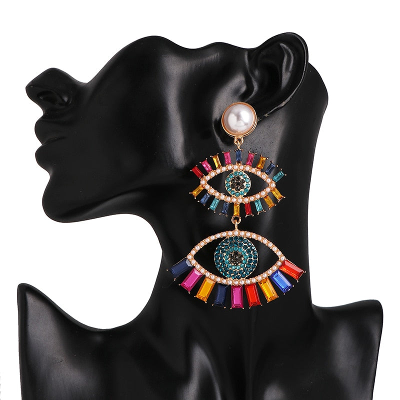 Bejeweled Love Heart Evil Eye Drop Earrings