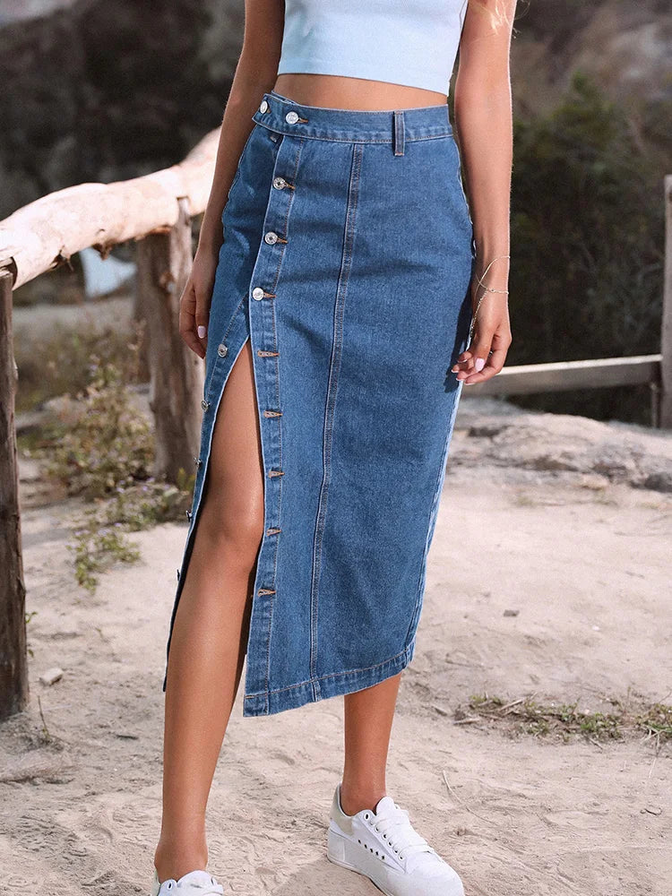 Streetwear Button Denim Skirt Bodycon Long Skirt