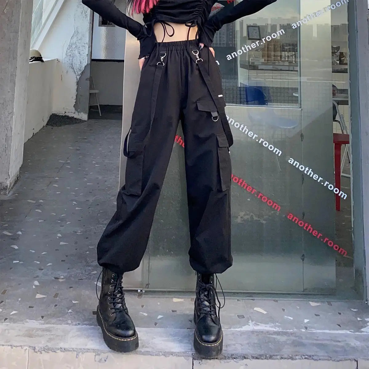 Black Cargo Pants Streetwear Gothic High Waist Techwear Pants