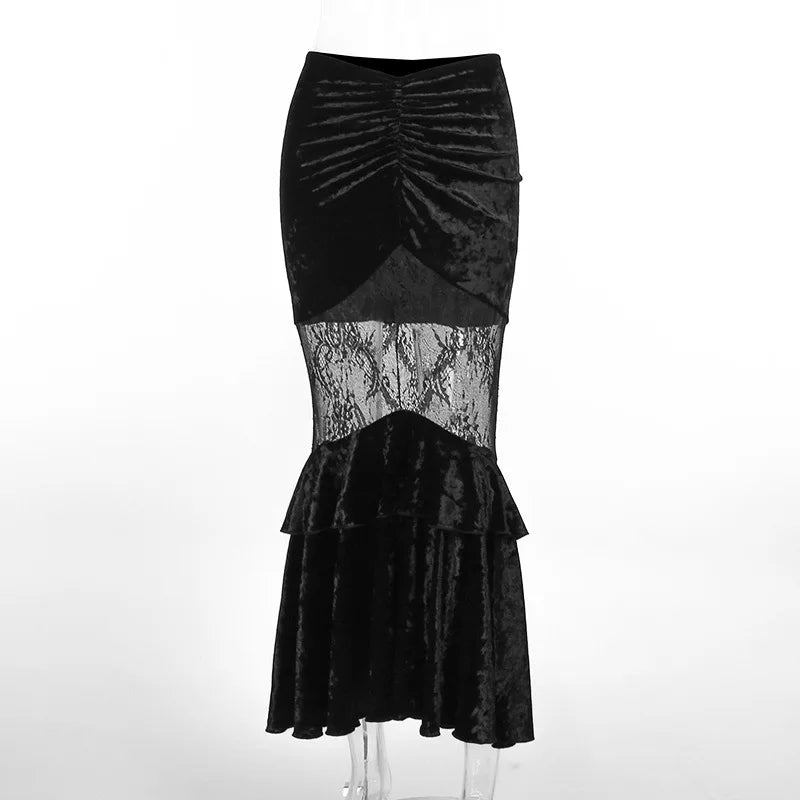 Black Fairy Grunge Gothic Velvet Lace Stitching Fall Fishtail Skirt