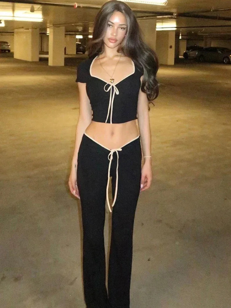 Black Flare Low Waist Slim Fit Solid Hot Sweat Winter Pants