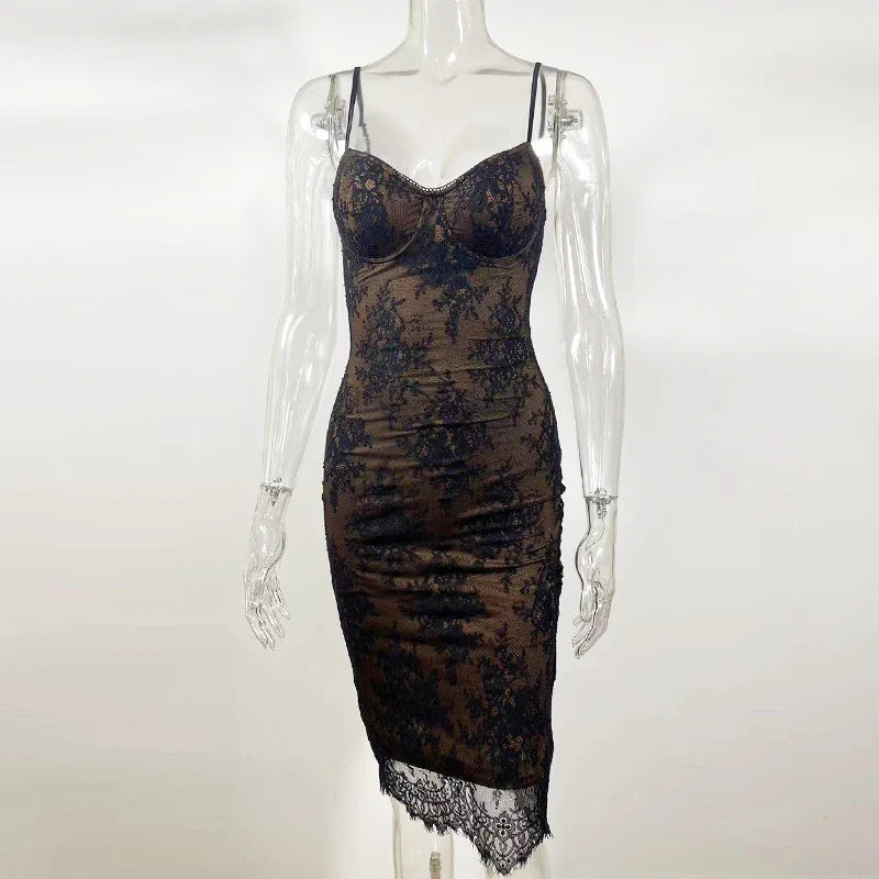 Elegant Black Spaghetti Strap Evening Luxury Lace Dress