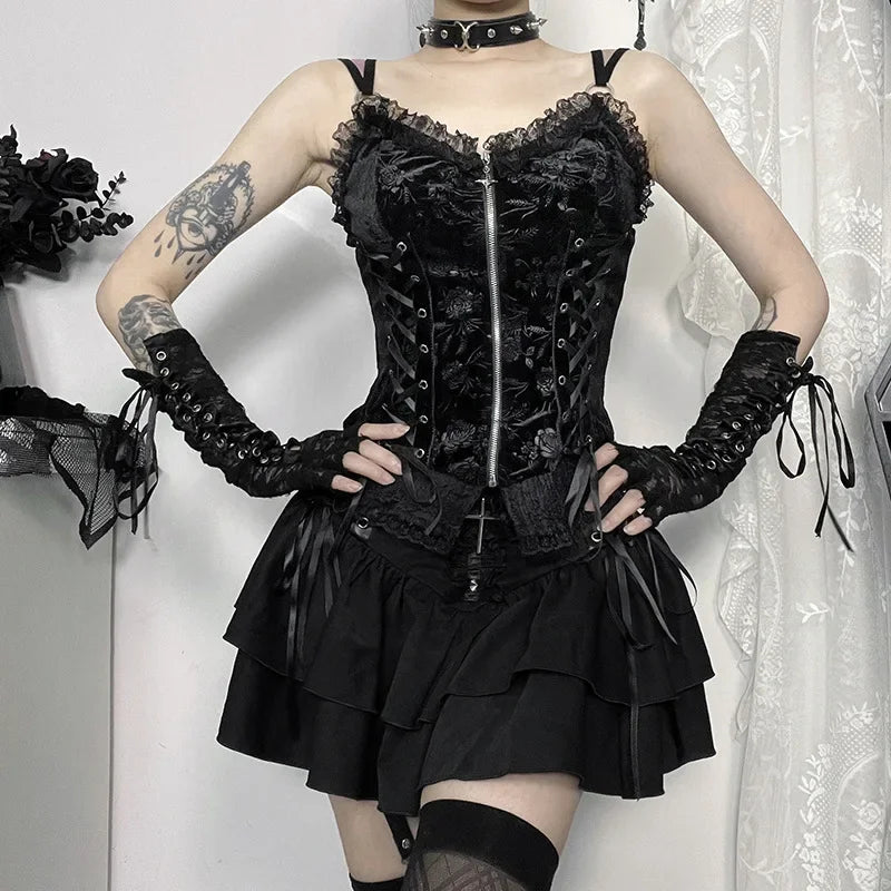 Black Lace Trim Cross Lace-up Mini Vintage A-Line Layered Short Summer Autumn Skirt