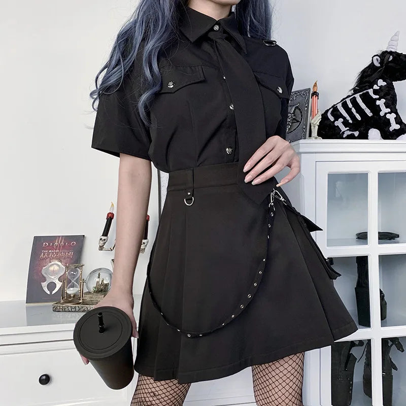 Black Harajuku Gothic High Waist Patchwork Bandage Mini Skirt