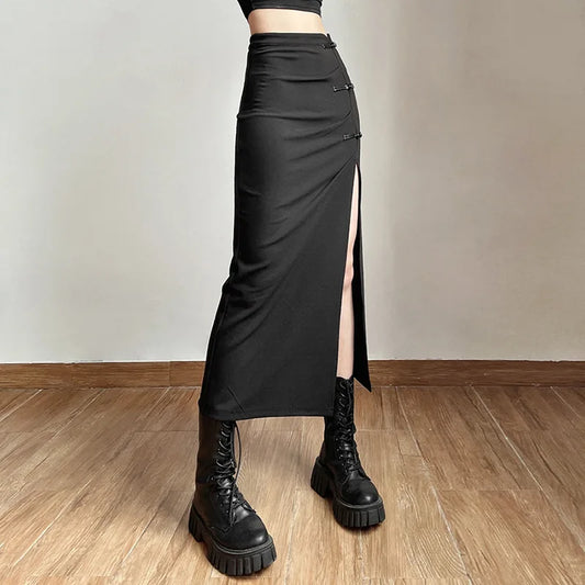 Black A-line Slits High Waist Slim Hip-covering Solid Mid-length Long Streetwear Skirt
