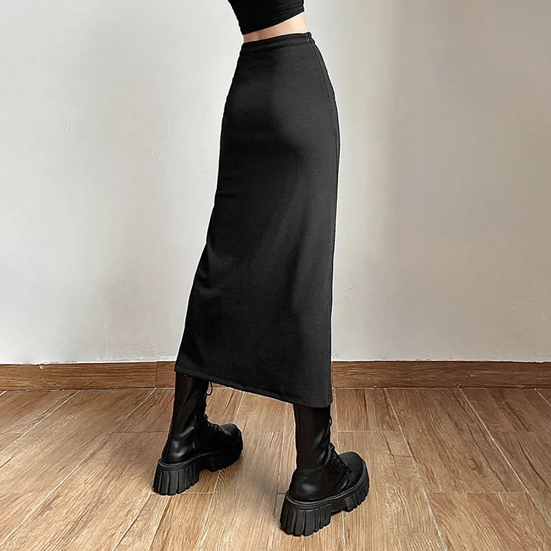 Black A-line Slits High Waist Slim Hip-covering Solid Mid-length Long Streetwear Skirt