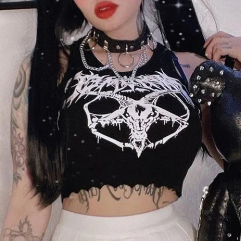 Black Knitted Grunge Punk Goth Goat Head Print Summer Sleeveless O-neck Crop Top