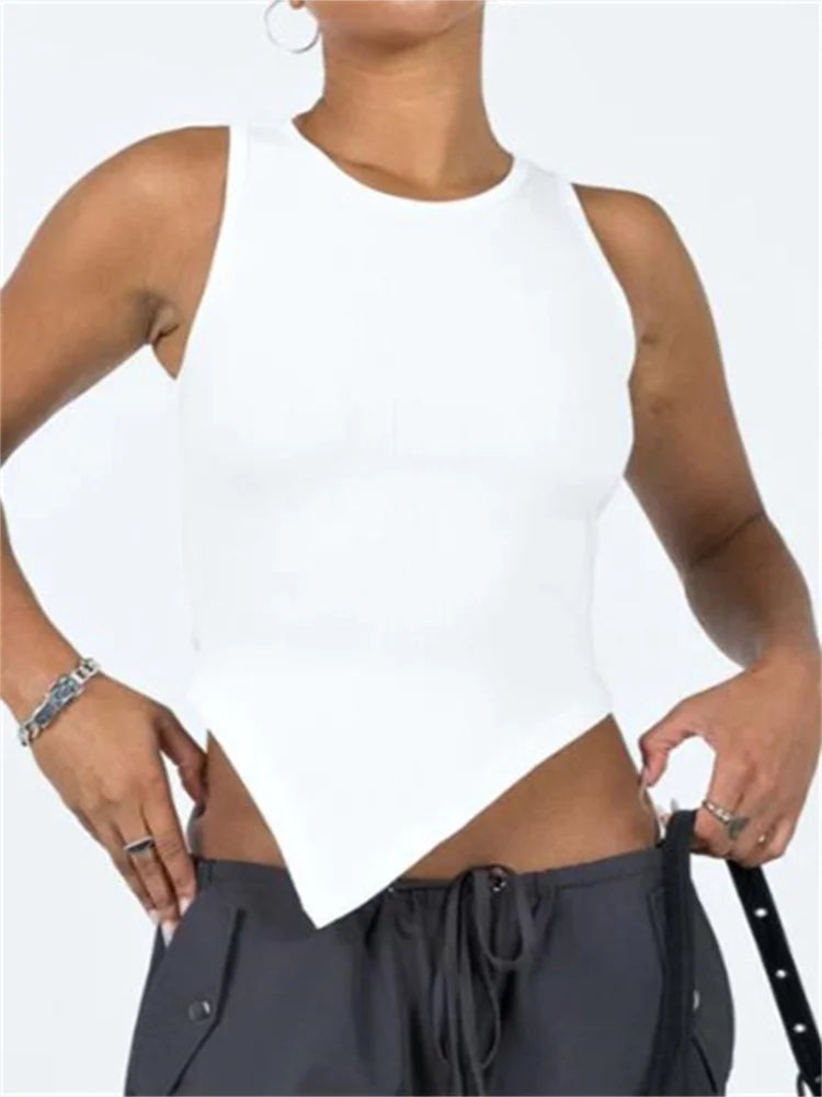 Solid Color Ribbed O-neck Slim Fit Sleeveless Irregular Hem Vest Club Streetwear Crop Top