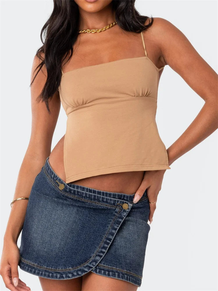 Y2K Backless Retro Tie Up Sleeveless Spaghetti Strap Summer Mini Vest Streetwear Crop Top