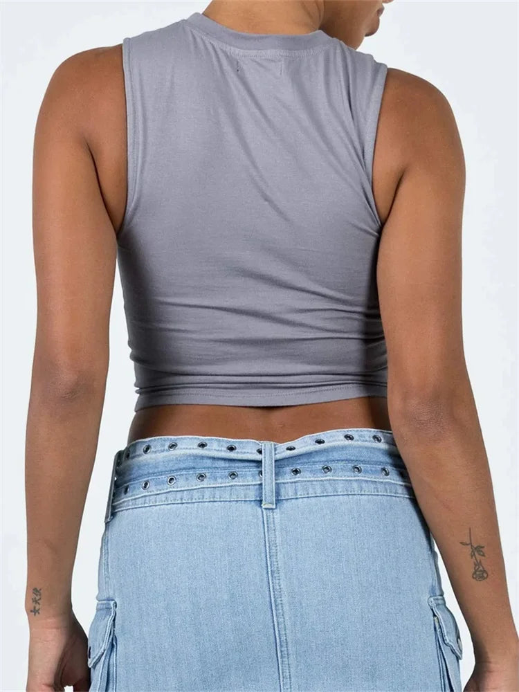 Front Irregular Zipper Summer Streetwear Sleeveless Slim Fit Solid Basic Mini Vest New Crop Top