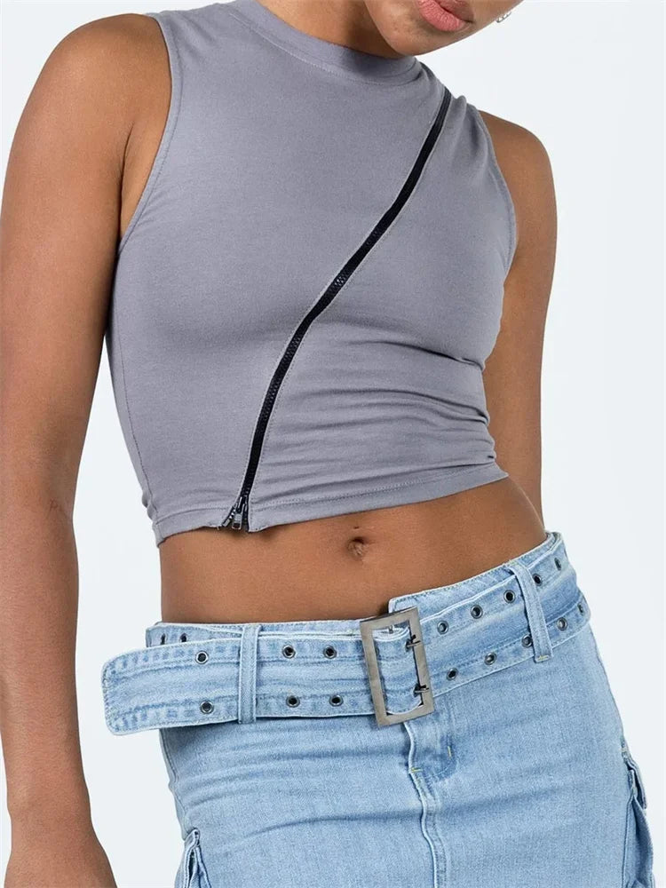 Front Irregular Zipper Summer Streetwear Sleeveless Slim Fit Solid Basic Mini Vest New Crop Top
