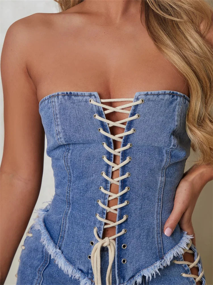 Bustiers Corsets Summer Party Clubwear Strapless Off Shoulder Criss-cross Tie-up Irregular Hem Vests Crop Top