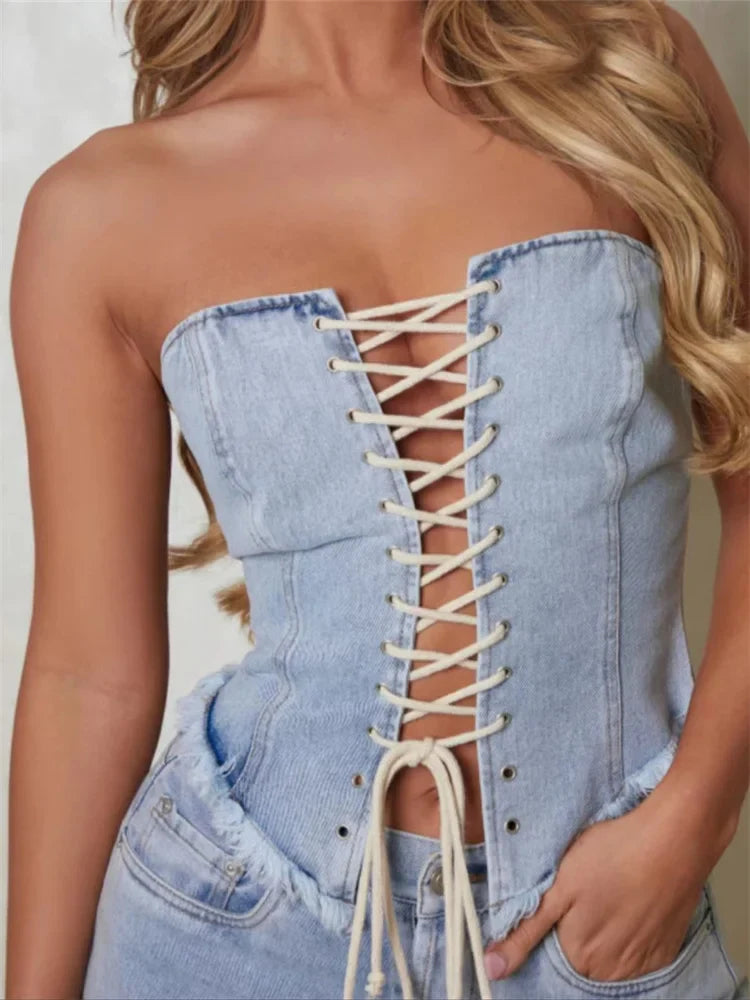 Bustiers Corsets Summer Party Clubwear Strapless Off Shoulder Criss-cross Tie-up Irregular Hem Vests Crop Top