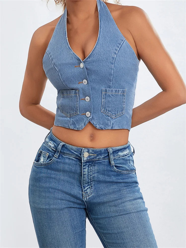 Halter Off Shoulder Sleeveless Backless Buttons Up Summer Denim Vest Club Party Streetwear Crop Top