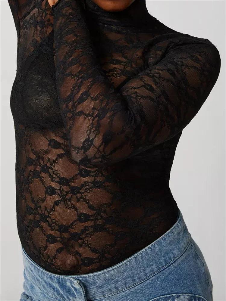 Lace Turtleneck Mesh See Through Fall Club Streetwear T-shirts