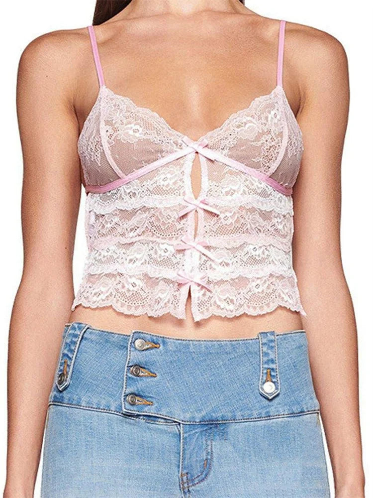 Lace Slim Front Bowknot Patchwork Cutout Spaghetti Strap Mini Vest Exposed Navel Cropped Tanks Crop Top