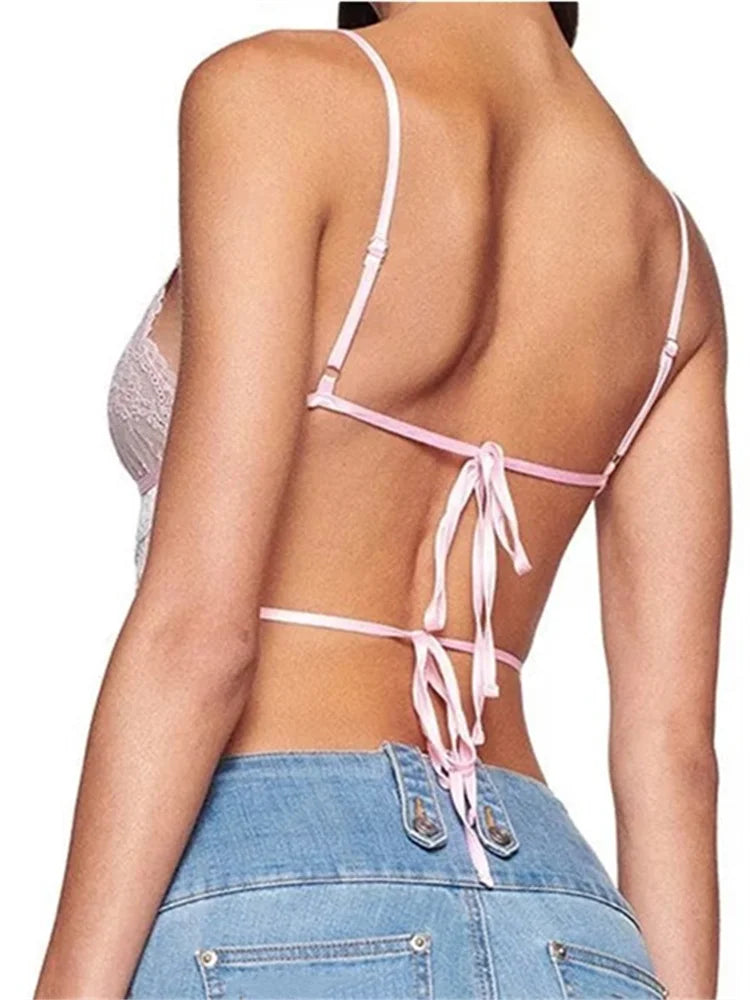 Lace Slim Front Bowknot Patchwork Cutout Spaghetti Strap Mini Vest Exposed Navel Cropped Tanks Crop Top
