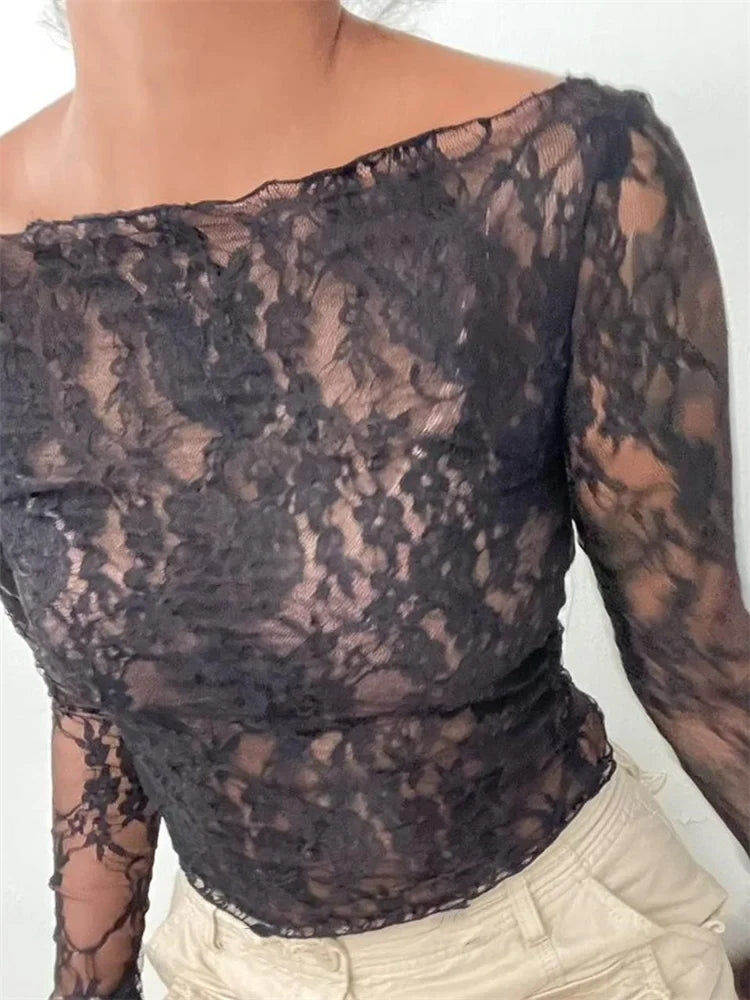 Slash Neck Off Shoulder Lace See-Through Long Sleeve Casual Pullover Club T-shirts