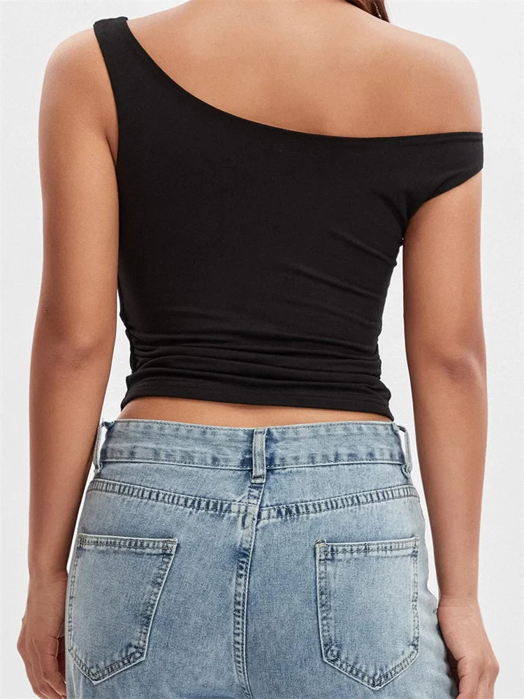 Summer Asymmetrical Hem Solid Color Off Shoulder Ruched Slim Cropped Mini Vest Streetwear Crop Top