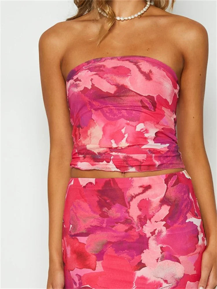 Summer Tube Off Shoulder Solid Color/Floral/Tie Dyeing Print Strapless Bodycon Summer Mini Vests Crop Top