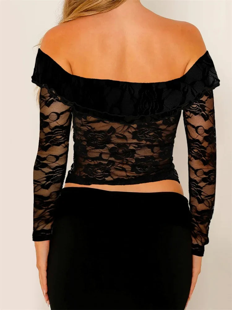 Long Sleeve Off-shoulder See-through Lace Slim Fit Mesh Push Up T-shirts