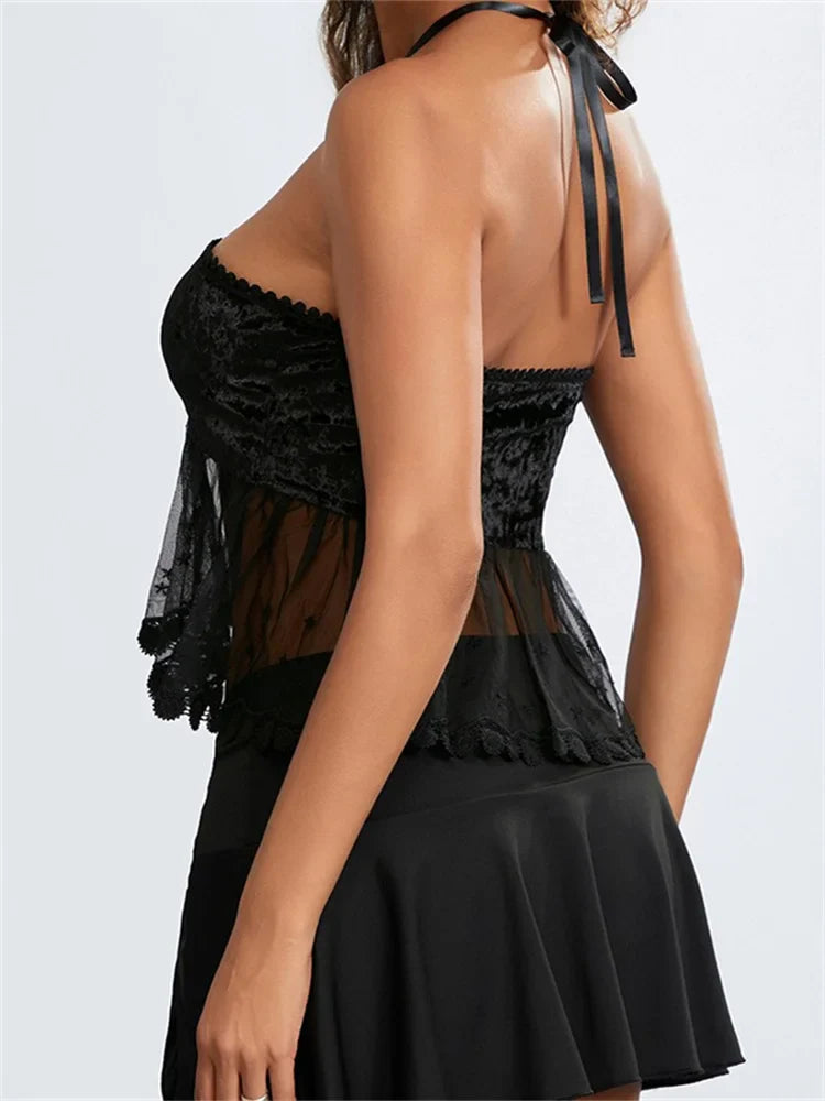 Mesh Patchwork Criss-Cross Tie-Up Halter Backless Vest Summer Sleeveless Cropped Clubwear Crop Top