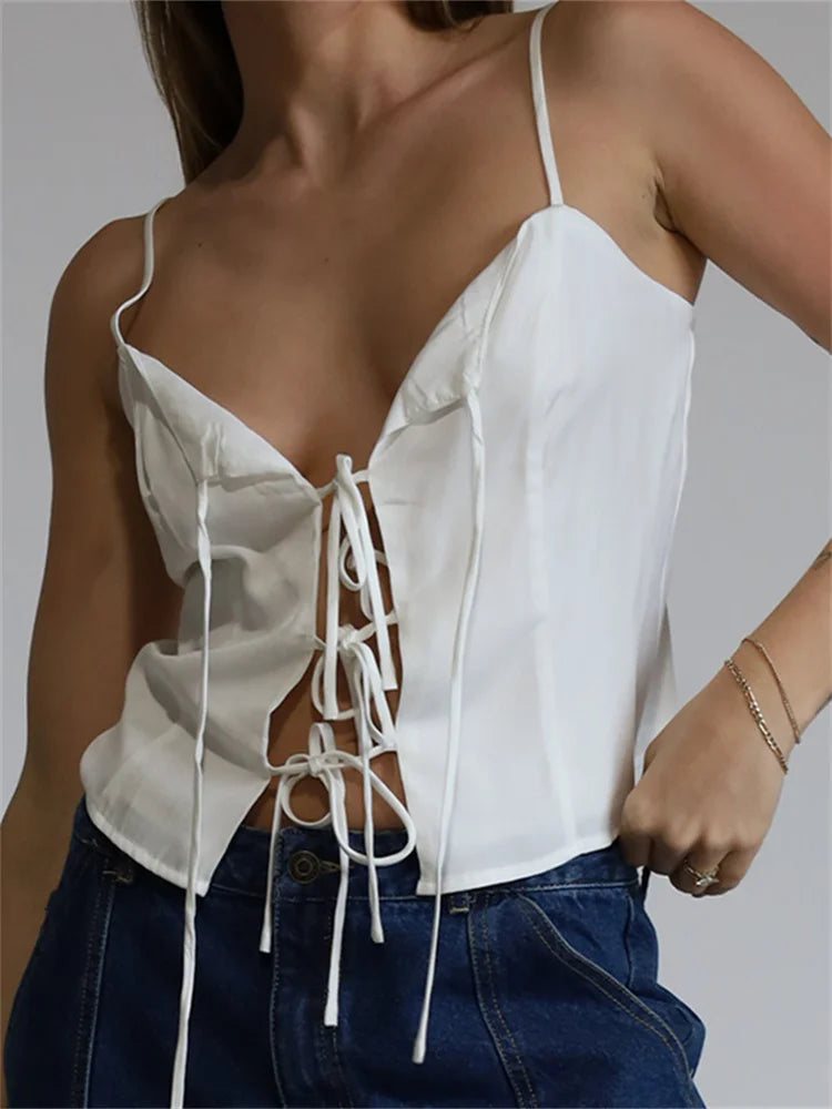 Vintage Front Split Tie-up Fashion Sleeveless Strap V Neck Summer Party Low Cut Mini Vest Club Crop Top