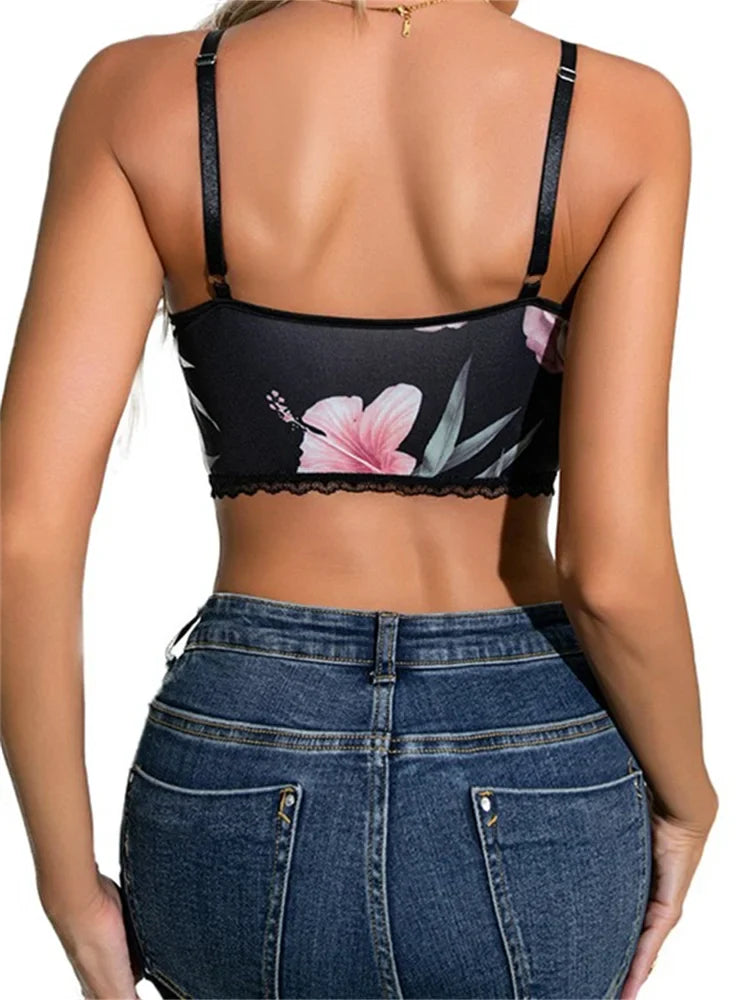 Vintage Summer Mini Vest Black Sleeveless Strap Backless Deep V Neck Floral Print Streetwear New Crop Top