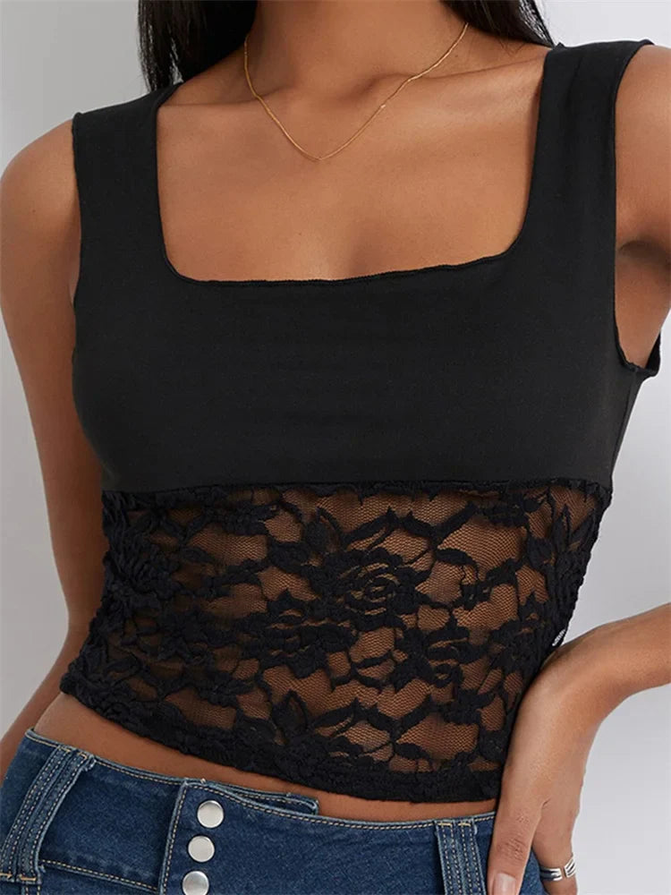 Camisole Sleeveless Cropped Square Neck Lace Patchwork Slim Fit Summer Vest for Party Club Streetwear Crop Top