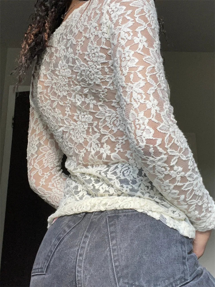 Fairy Grunge Vintage Kawaii Lace Mesh See Through White T-shirts