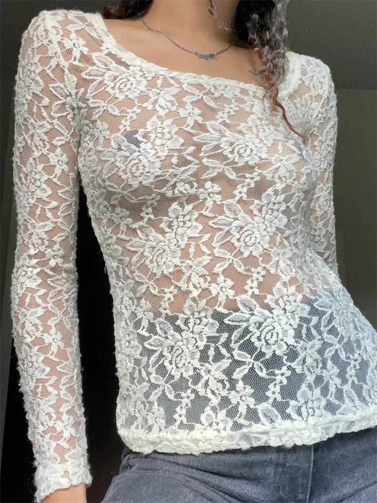 Fairy Grunge Vintage Kawaii Lace Mesh See Through White T-shirts